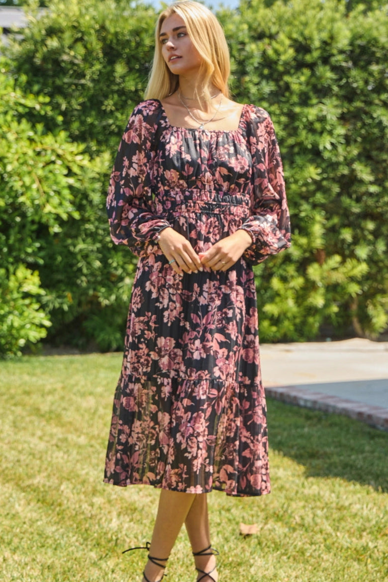 Lurex Floral Long Sleeve Dress (S-3X)