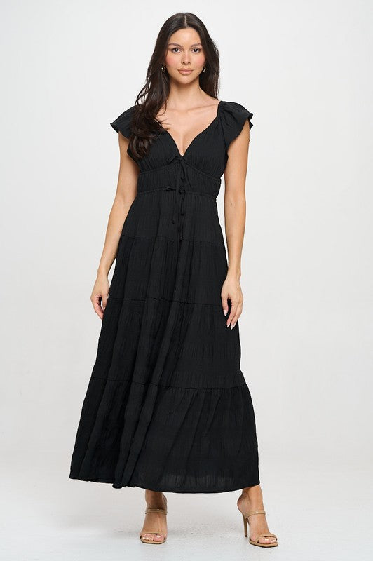 V-neck Crinkle Maxi Dress (S-3X)