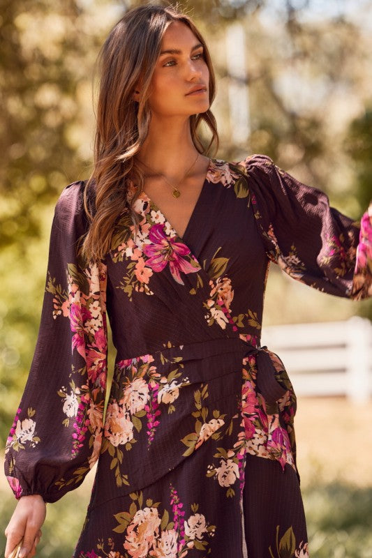 Fuchsia Floral Wrap Dress (S-3X)