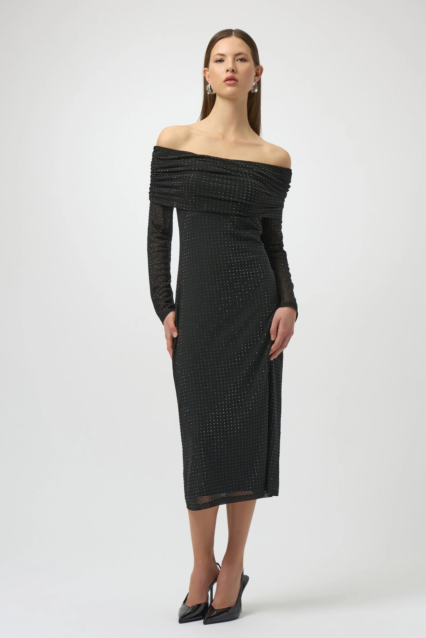 CURVE Rhinestone Mesh Off-Shoulder Midi Dress