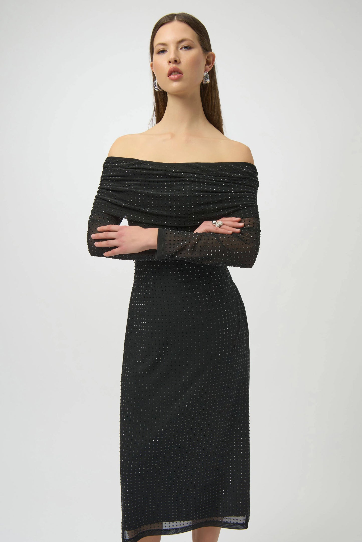 CURVE Rhinestone Mesh Off-Shoulder Midi Dress