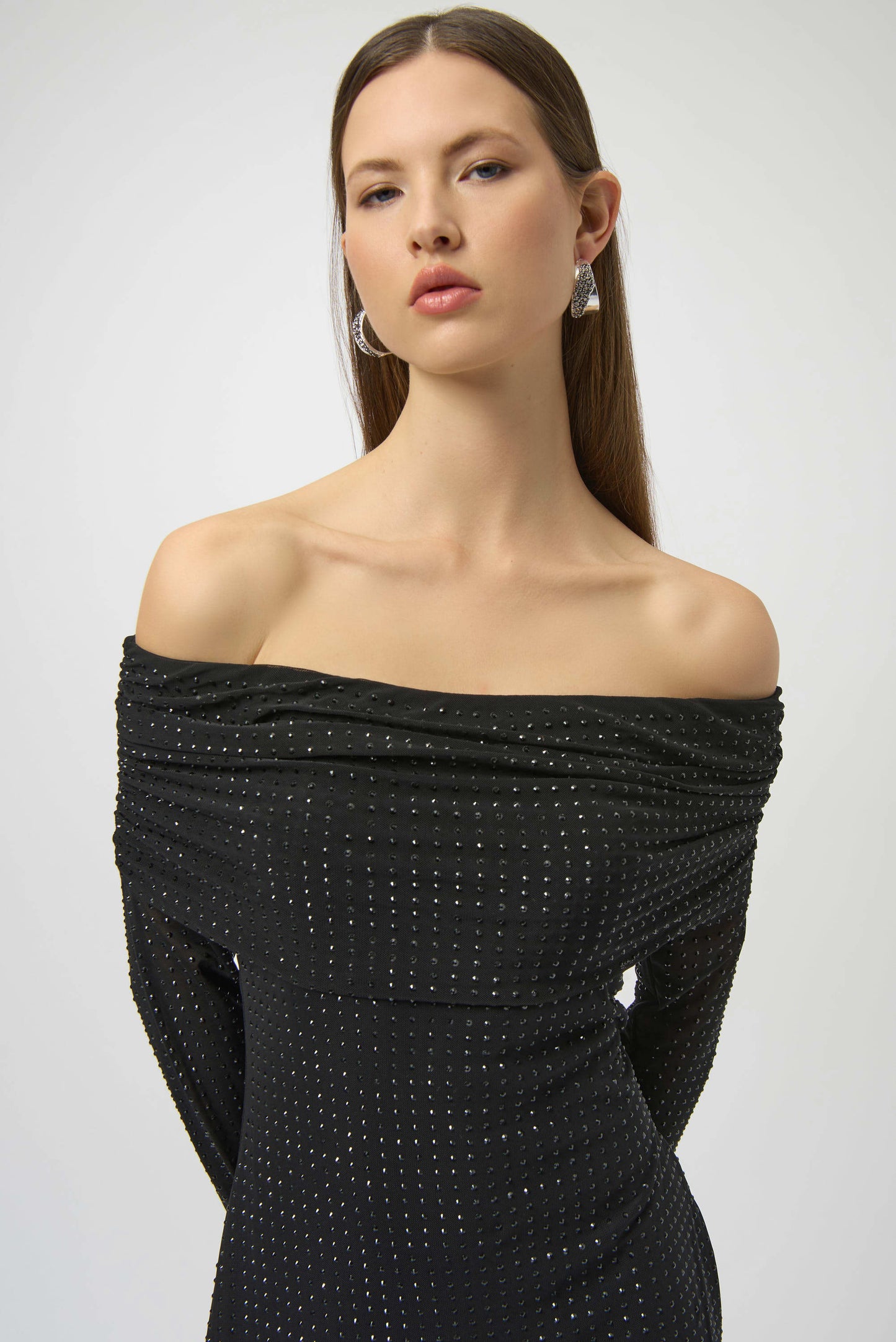 CURVE Rhinestone Mesh Off-Shoulder Midi Dress