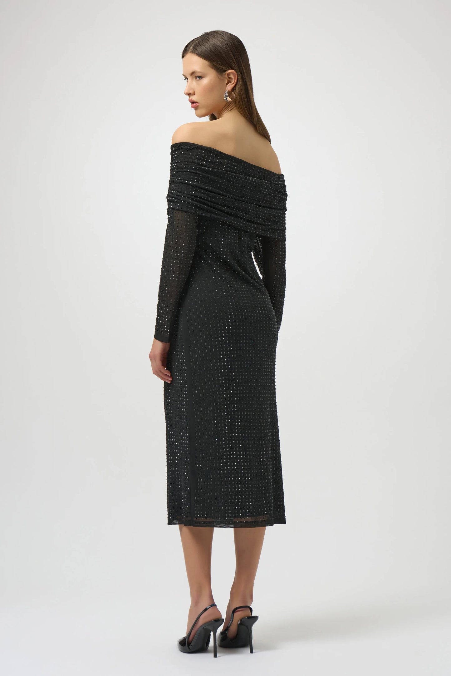 CURVE Rhinestone Mesh Off-Shoulder Midi Dress