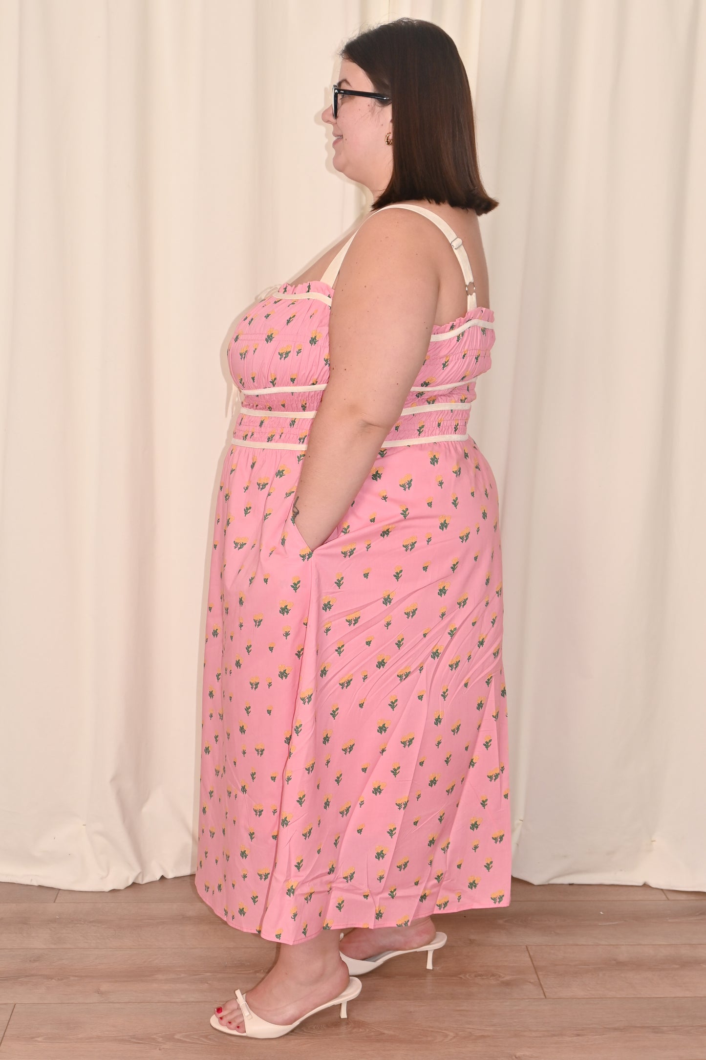 Floral Midi Dress with Velvet Trim (S-3X)
