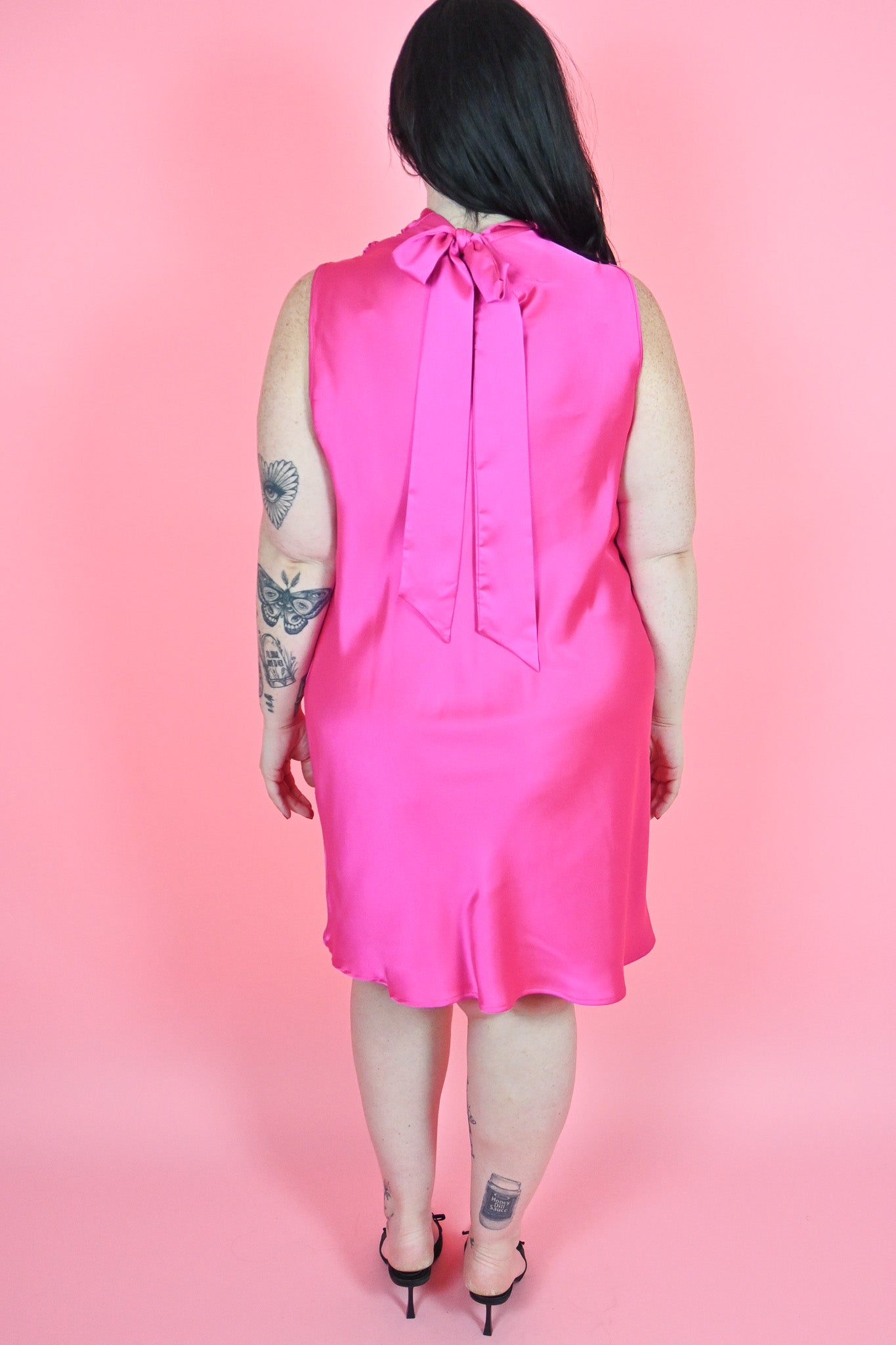 plus size hot pink cowl neck mini dress with bow detail
