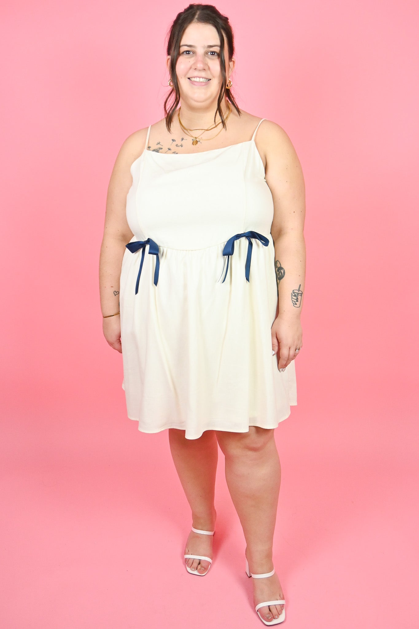 plus size linen style dress with removable navy bows spaghetti strap