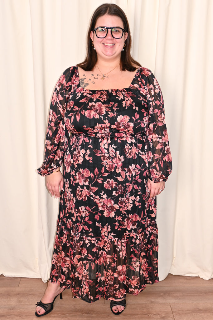 Lurex Floral Long Sleeve Dress (S-3X)