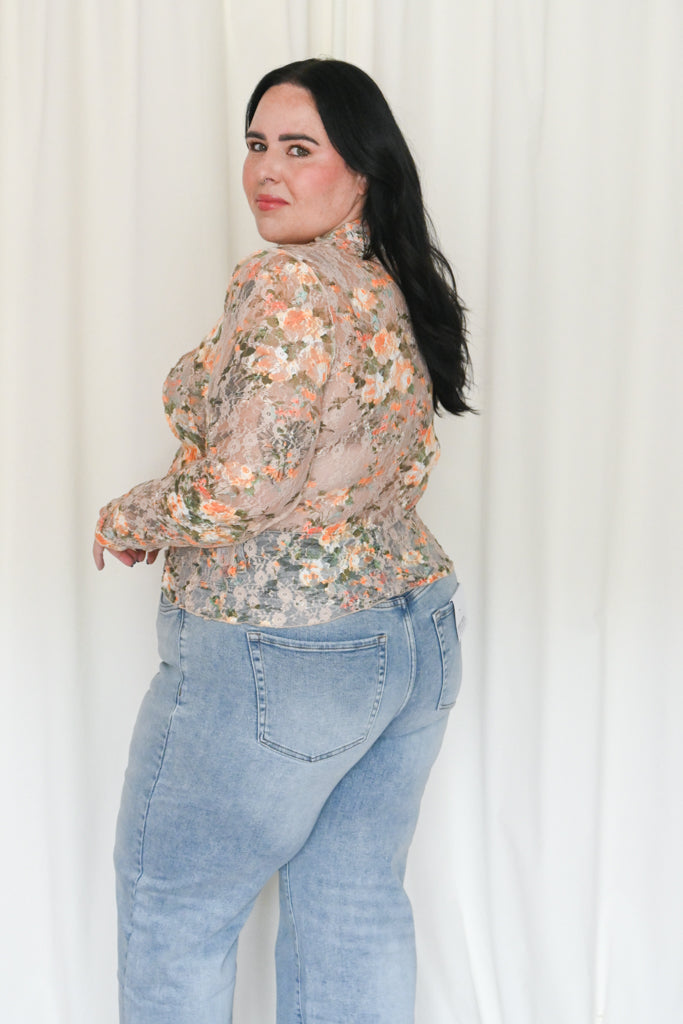 Plus size sheer lace floral top ODDI