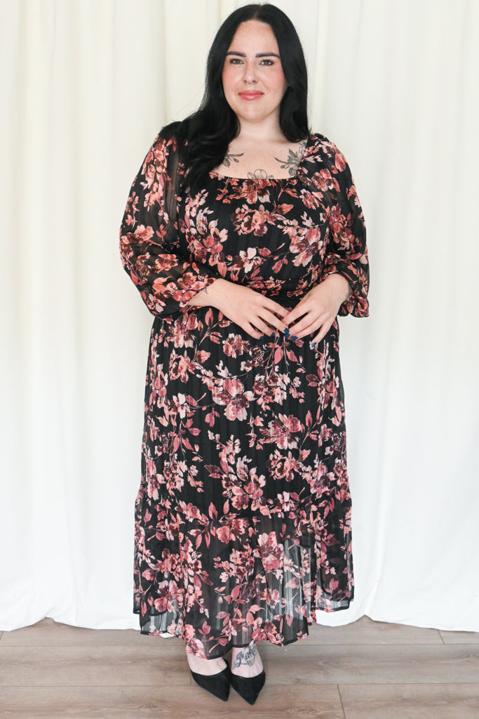 Lurex Floral Long Sleeve Dress (S-3X)