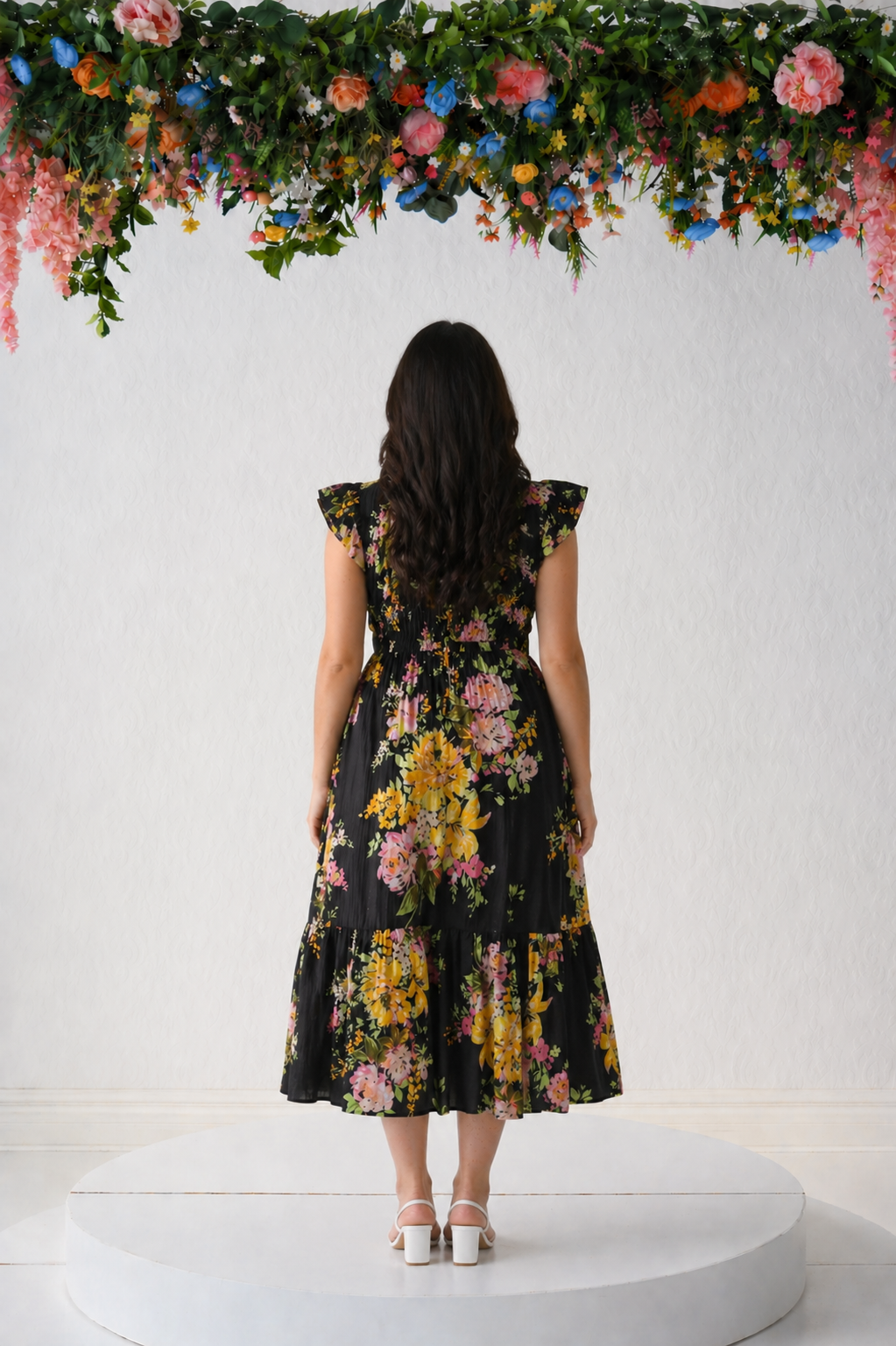 black floral midi dress