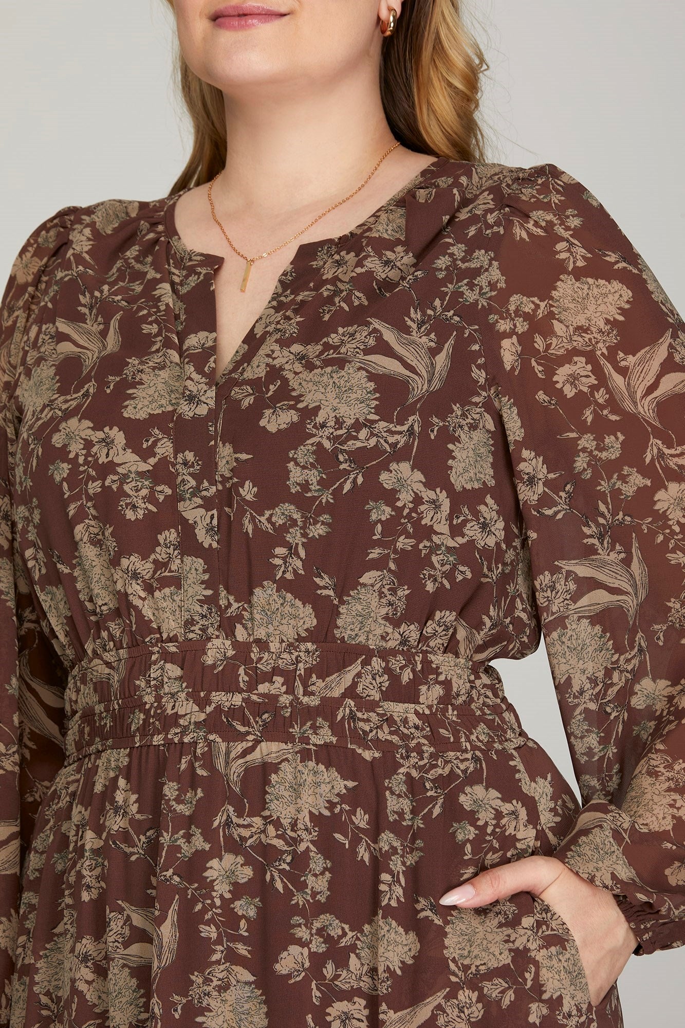 plus size brown floral maxi dress with sleeves and pockets She & Sky