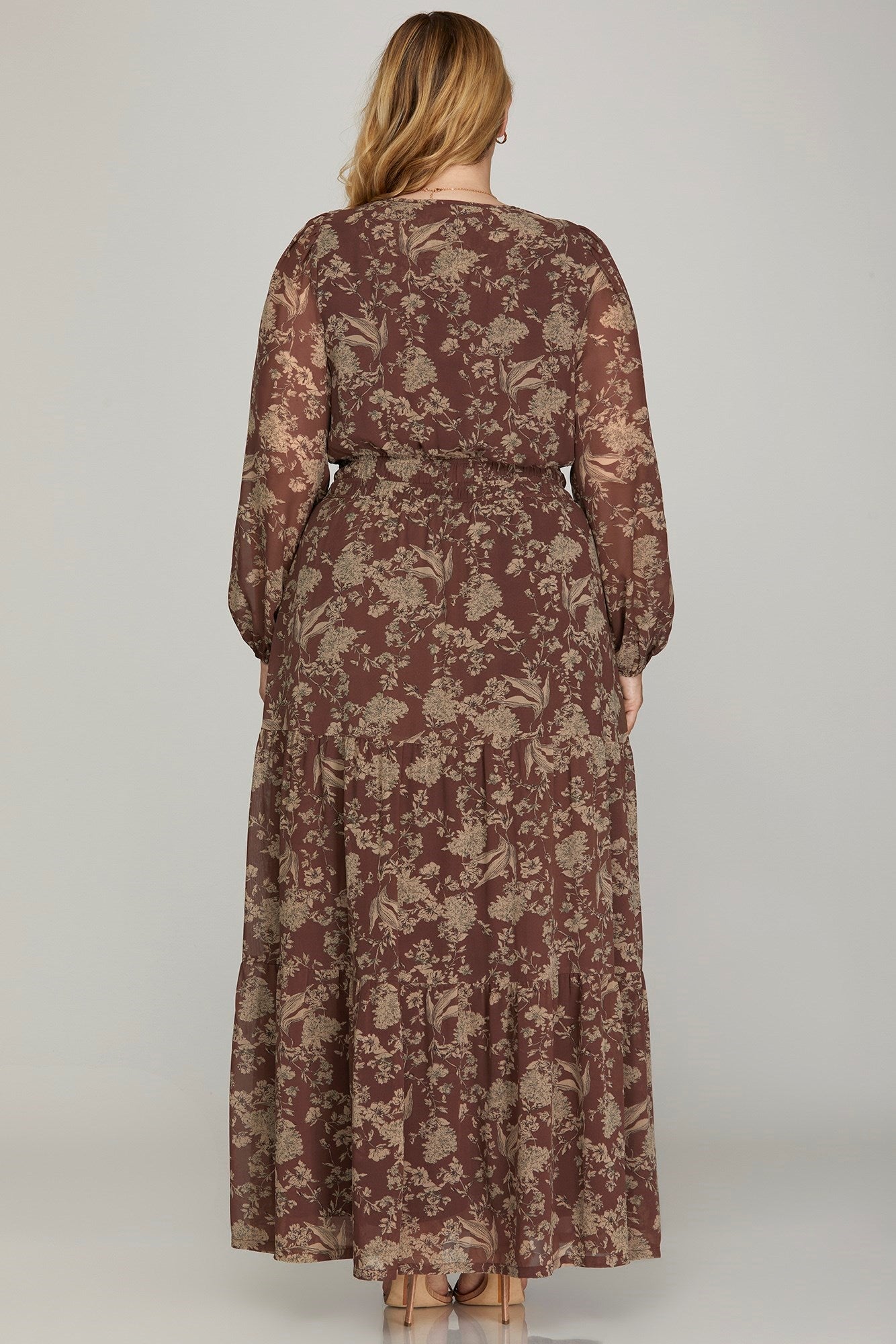 plus size brown floral maxi dress with sleeves and pockets She & Sky