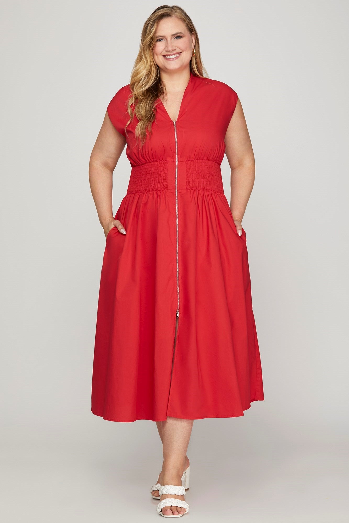 Poplin Zipper Midi Dress (S-2X)