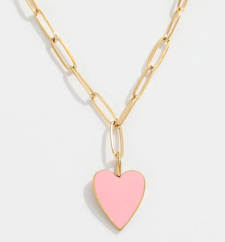 Pink Heart gold pendant necklace Paperclip Chain Emerald necklace gold plated hypoallergenic  