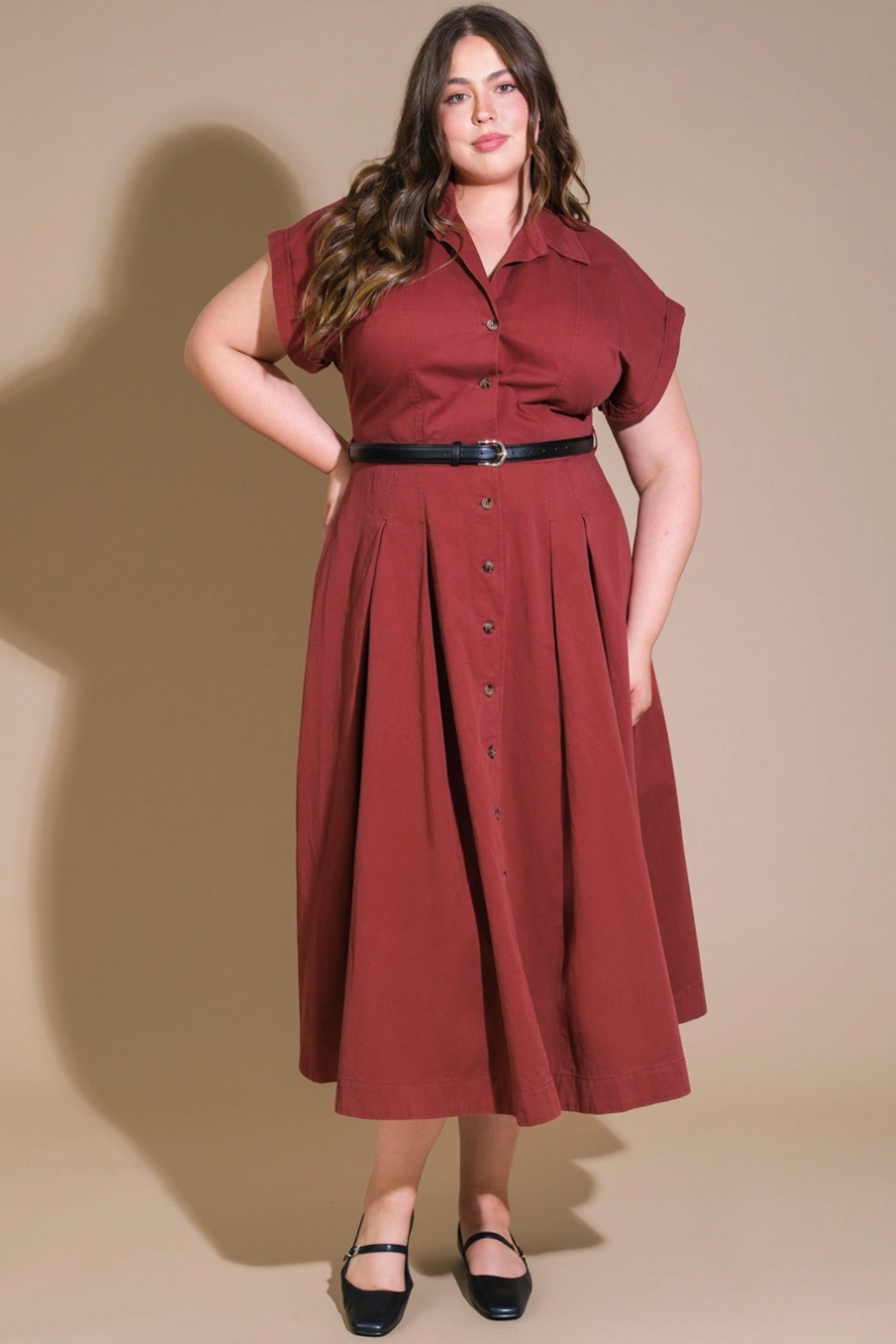 PLus size shirt dress with button front and pockets.