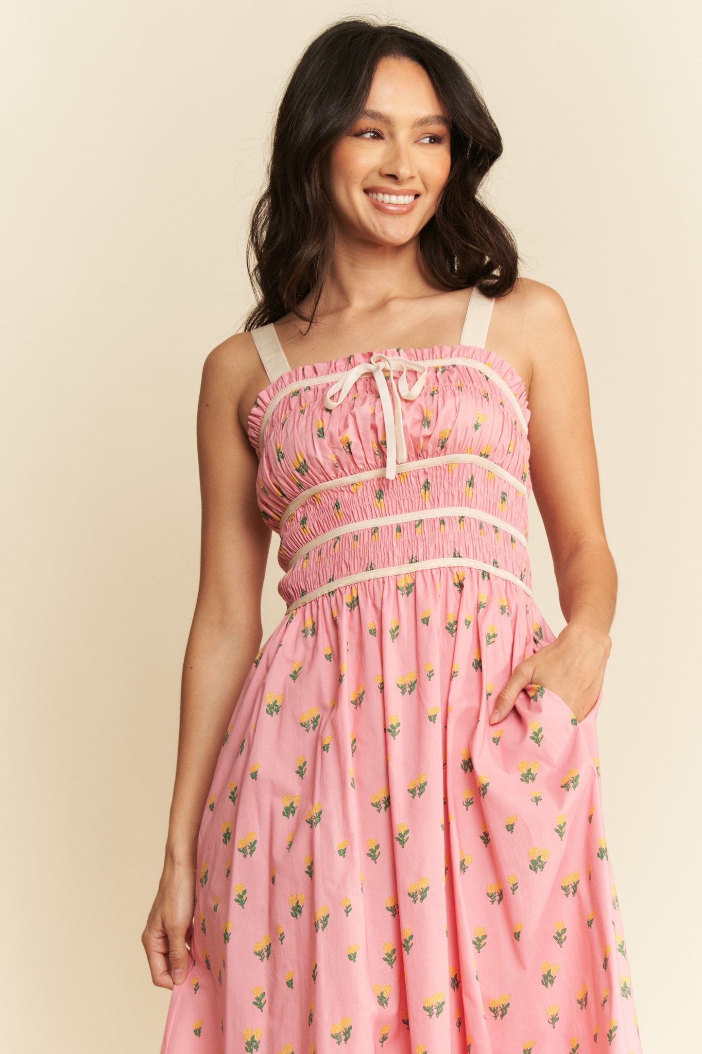 Floral Midi Dress with Velvet Trim (S-3X)