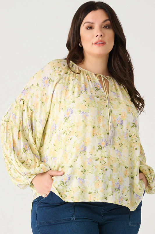 DEX PLUS floral long sleeve top with yellow floral print. 