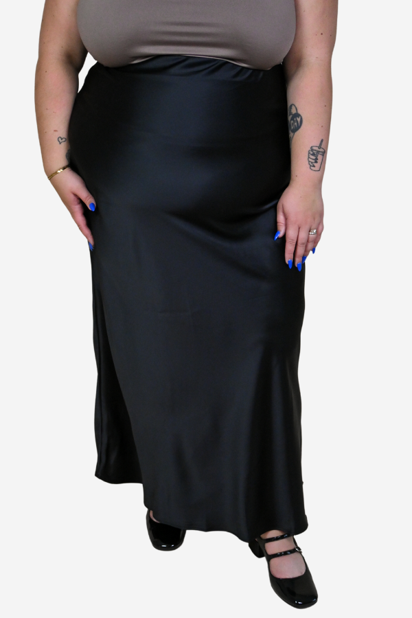 Plus size black maxi skirt satin slip skirt 