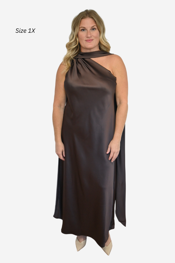 One Shoulder Satin Midi Dress (S-3X)