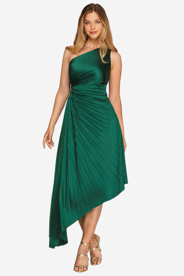 green pleated one shoulder dress mother of the bride mother of the groom event dress holiday dress winnipeg manitoba canada