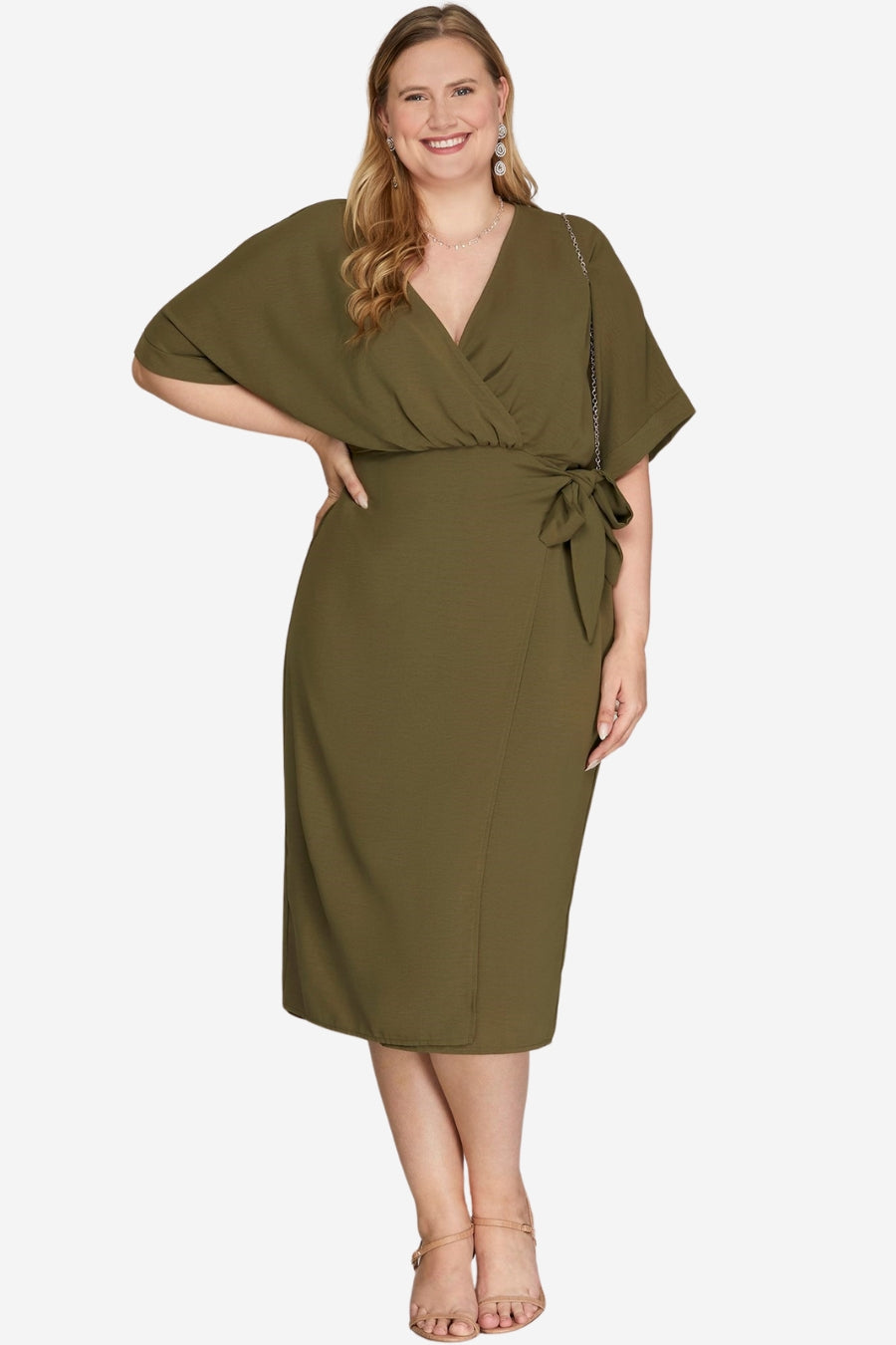 plus size green faux wrap dress event dress work dress