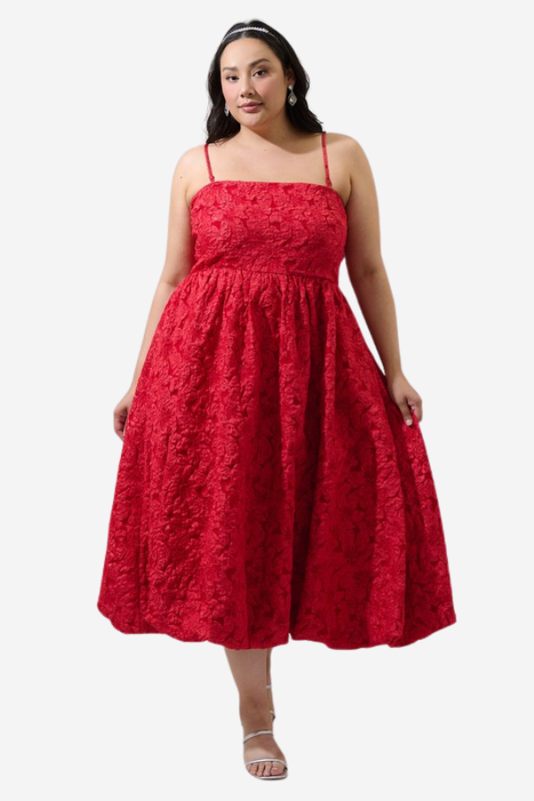 Plus size red bubble hem midi dress with removable straps. Arabelle sugarlips dress 