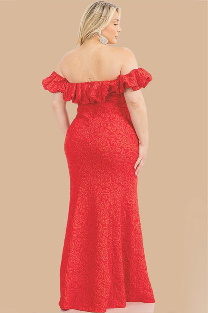 plus size red gown with off the shoulder Maniju. 