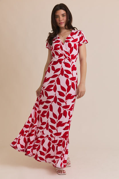Leaf Print Wrap Maxi Dress (S-3X)