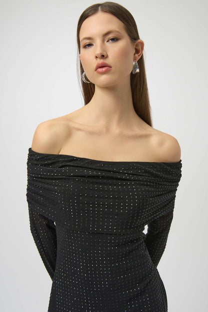 CURVE Rhinestone Mesh Off-Shoulder Midi Dress