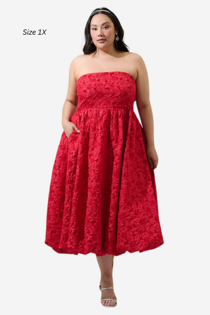 Plus size red bubble hem midi dress with removable straps. Arabelle sugarlips dress 