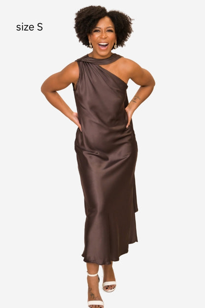 One Shoulder Satin Midi Dress (S-3X)