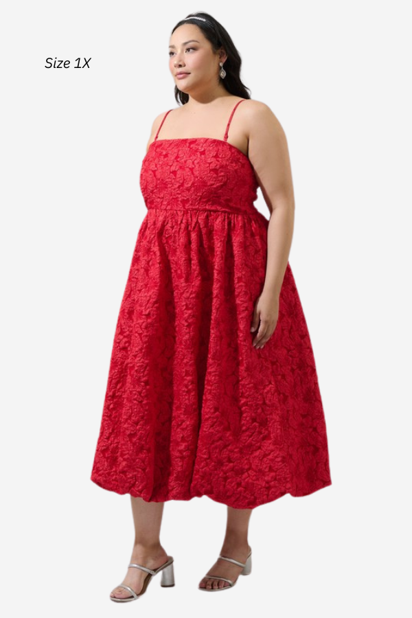 Plus size red bubble hem midi dress with removable straps. Arabelle sugarlips dress 