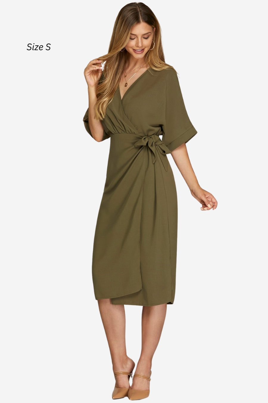 green faux wrap dress event dress work dress