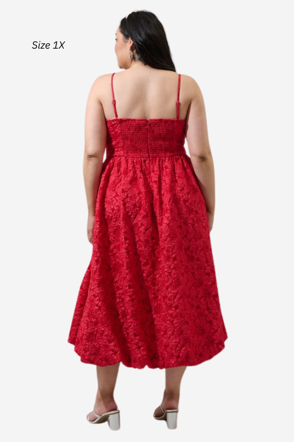 Plus size red bubble hem midi dress with removable straps. Arabelle sugarlips dress 