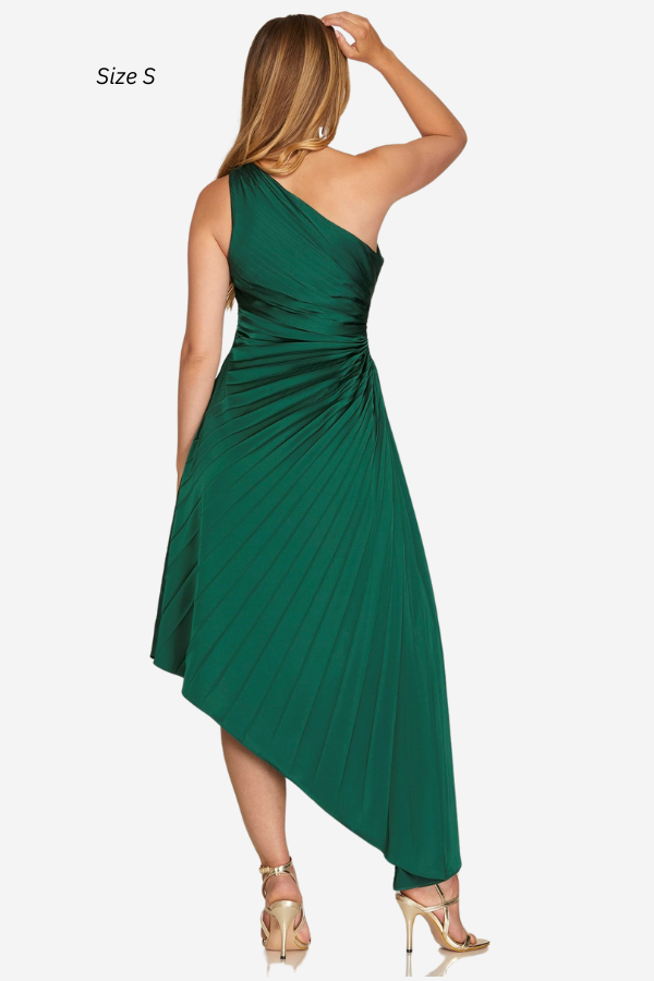 green pleated one shoulder dress mother of the bride mother of the groom event dress holiday dress winnipeg manitoba canada