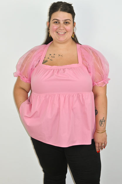 Plus size Pink Babydoll top with organza sleeves