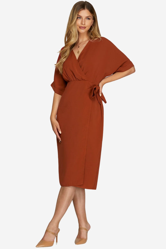 orange faux wrap dress work dress event dress