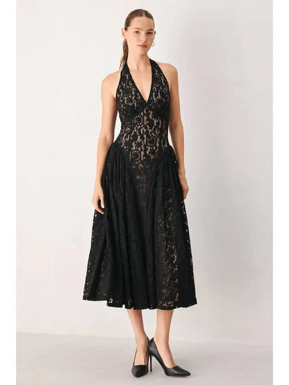 Lace Basque Waist Midi Dress (S-3X)