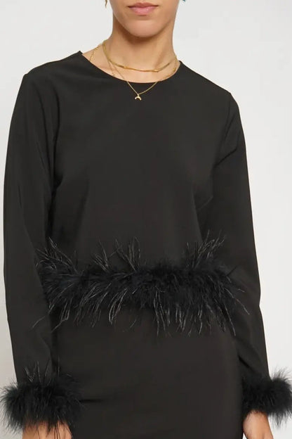 
Holiday top, going out top, date night top, feather trim black top, Winnipeg shopping, winnipeg dresses