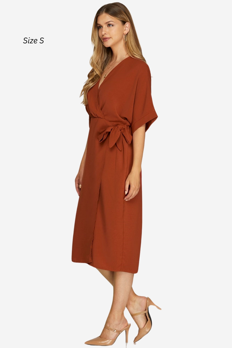 orange faux wrap dress work dress event dress