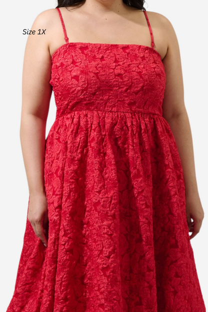 Plus size red bubble hem midi dress with removable straps. Arabelle sugarlips dress 