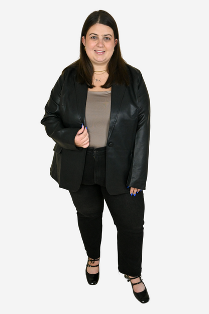 Plus size black faux leather blazer 