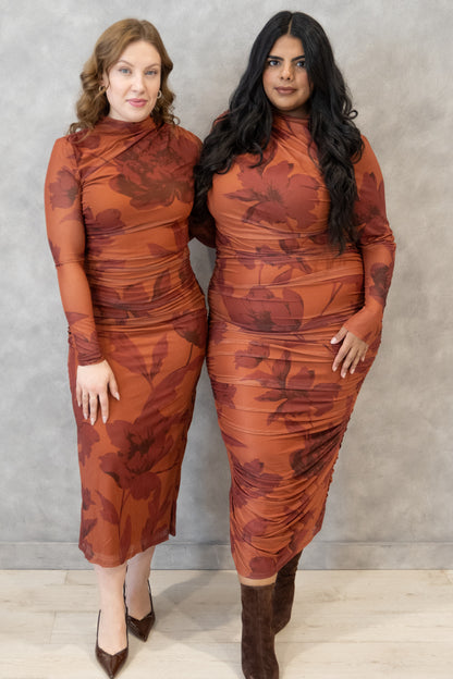 Ruched Floral Midi Dress (S-3X)