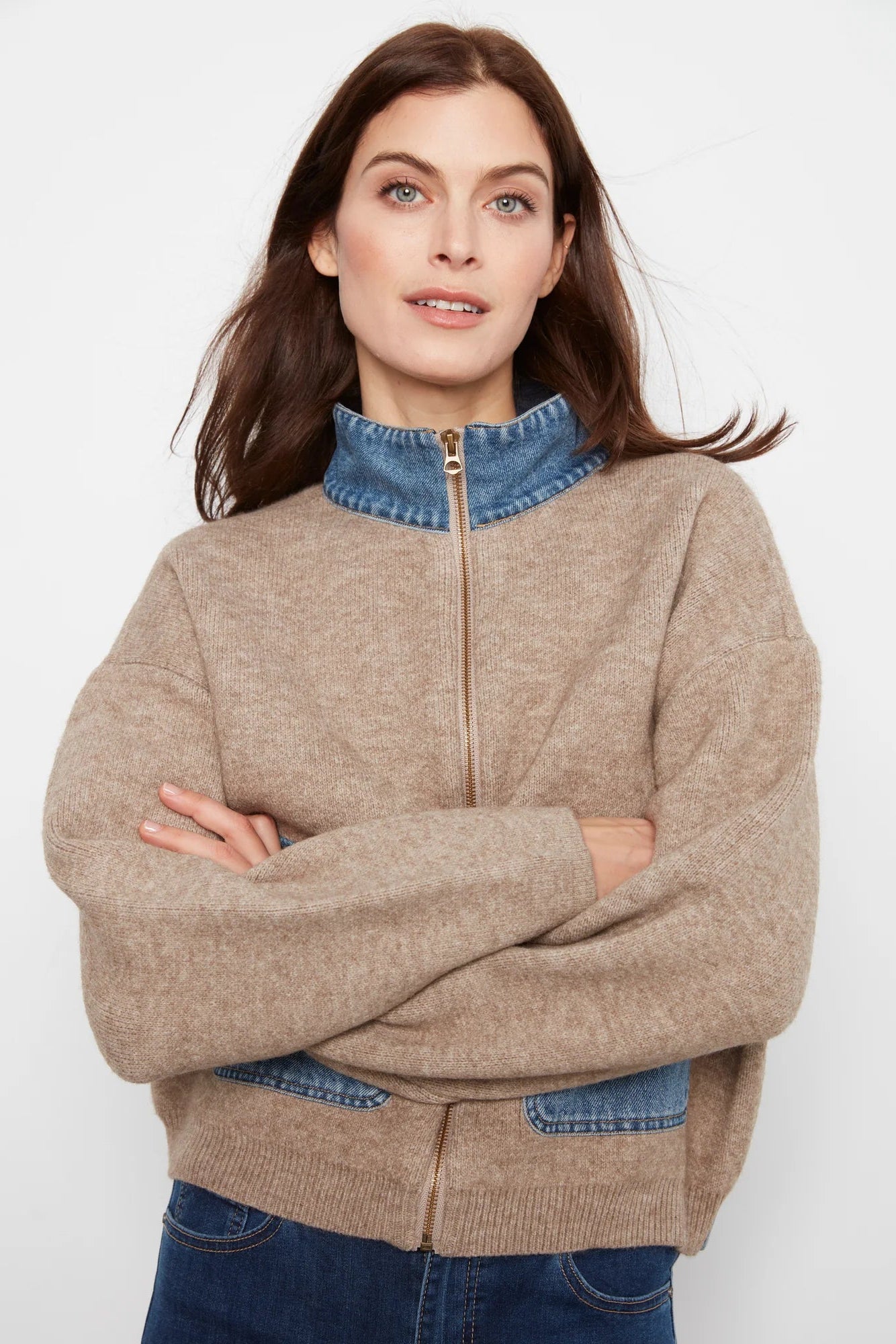 Denim Trim Sweater Jacket (S-XXL)
