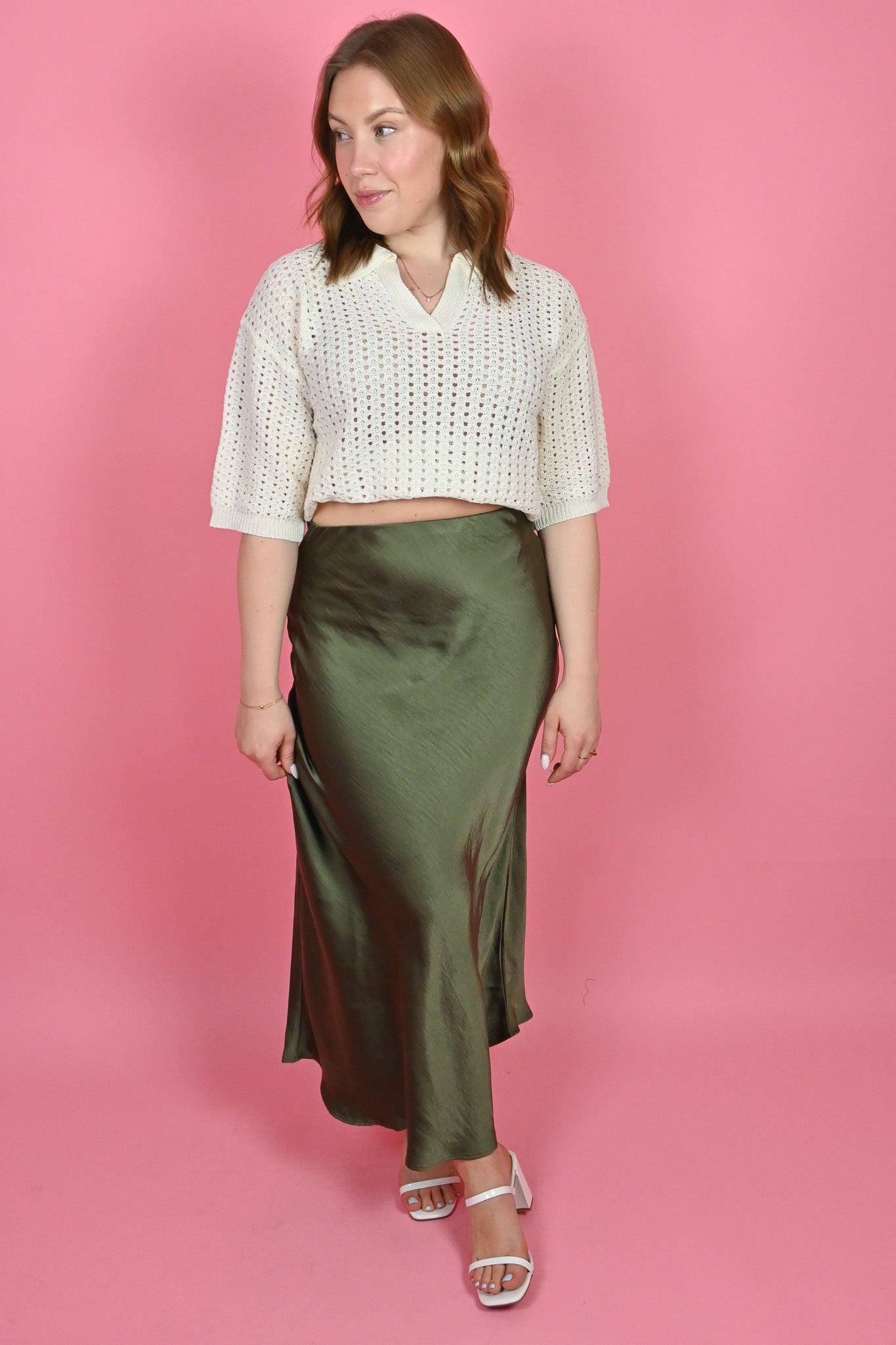 Apricot clothing olive satin midi skirt 