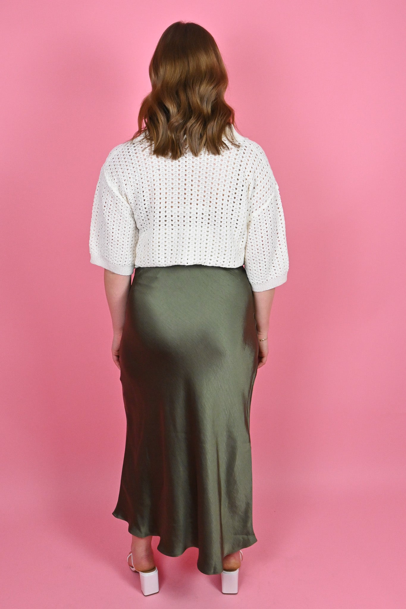 Apricot clothing olive satin midi skirt 