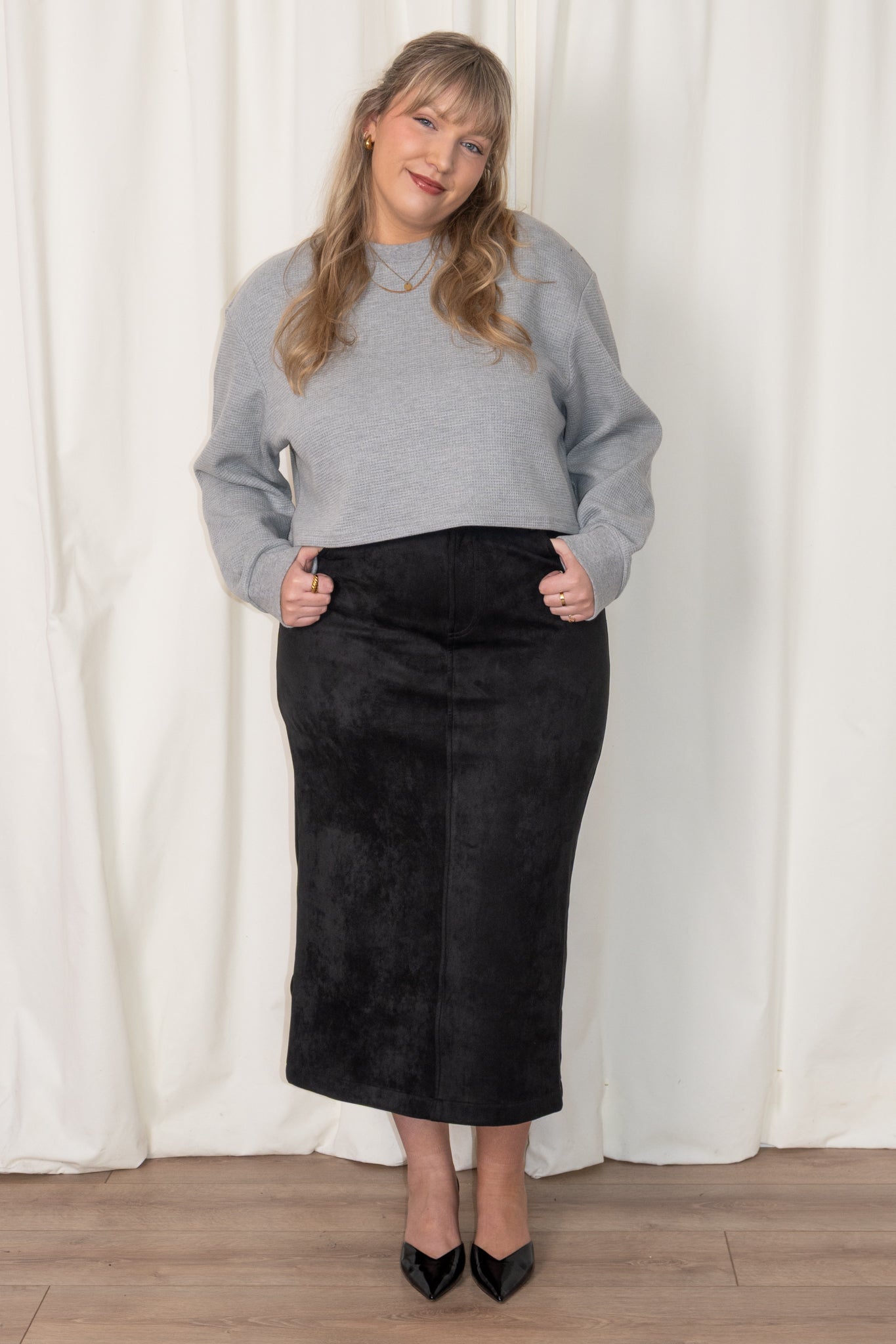 Faux Suede Midi Skirt (S-3X)