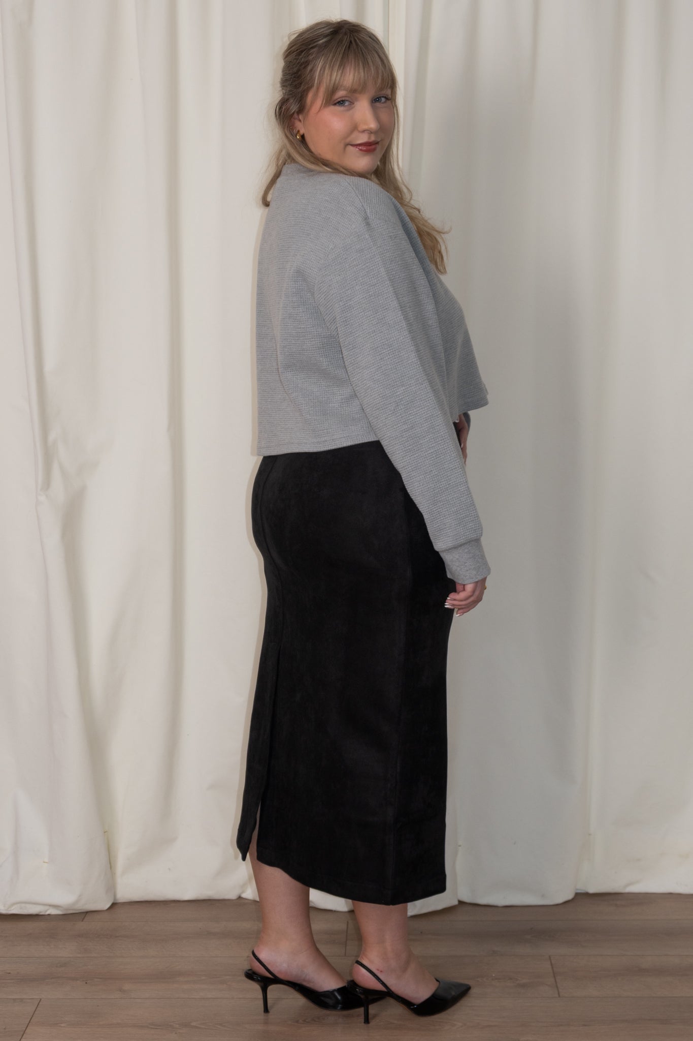Faux Suede Midi Skirt (S-3X)