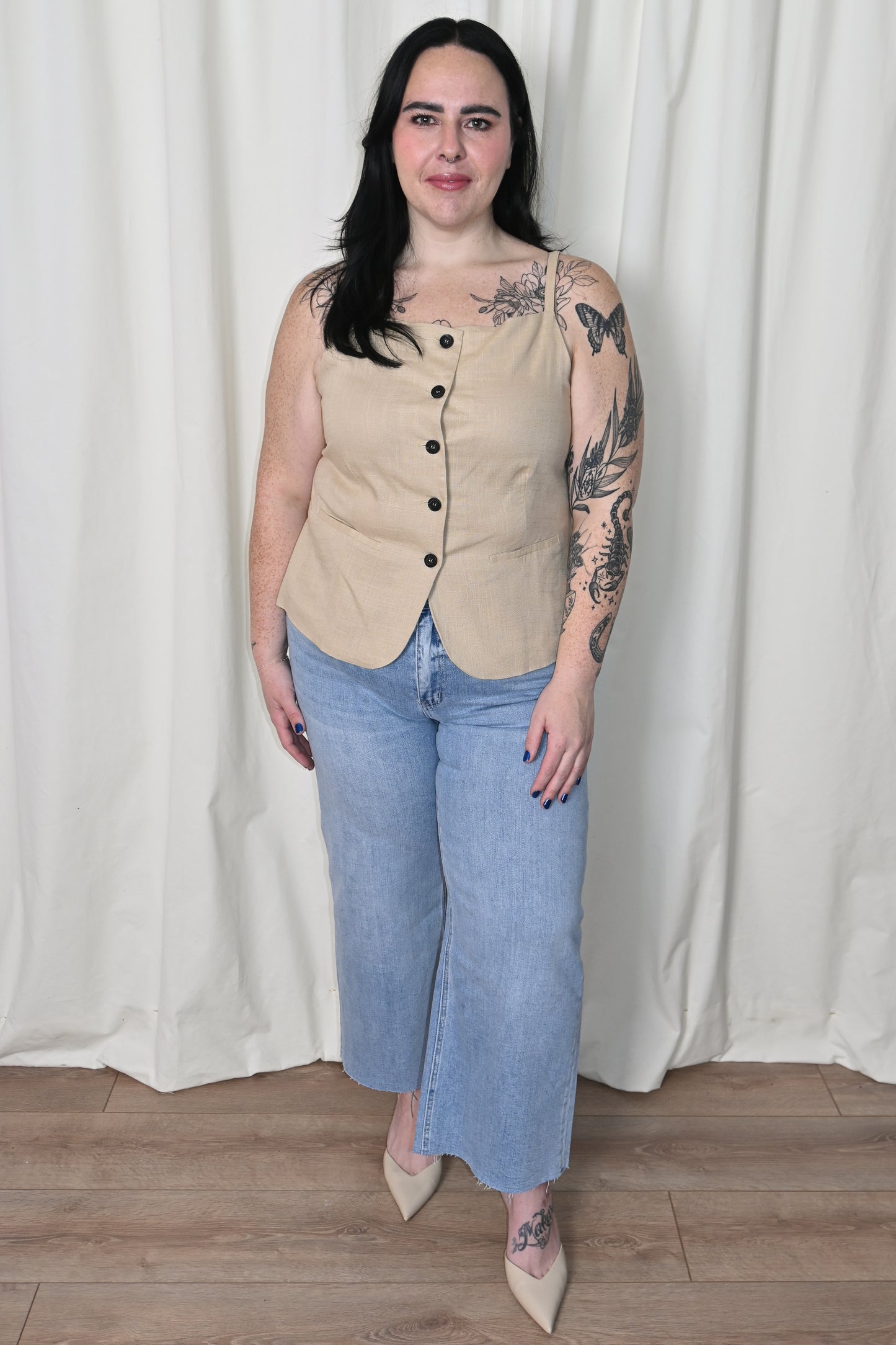 Linen Button Front Vest (S-3X)