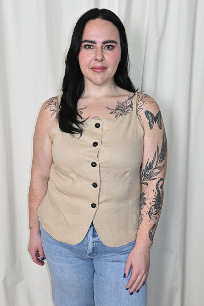 Linen Button Front Vest (S-3X)